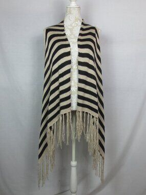 Say What Sweater Cream Black Striped Fringe Open Cotton Cardigan Plus Size 1X
